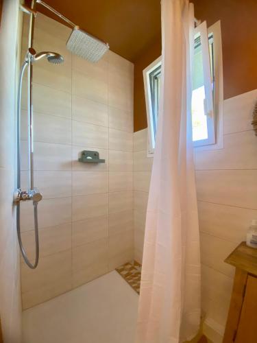 une douche avec un rideau de douche dans une salle de bain dans l'établissement Gîte exploration, à Gravières