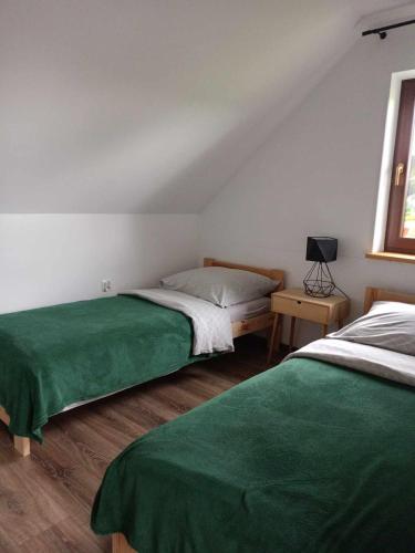 a bedroom with two beds with green sheets at Brzozowy Zagajnik Bieszczady - Domki z Balia Ogrodowa in Bereżnica Wyżna