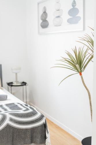a bedroom with a potted plant next to a bed at Nice Central City Room in Vienna