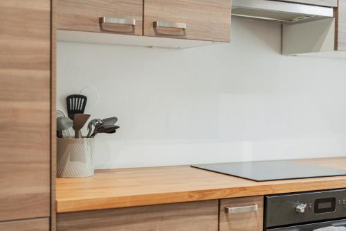 a kitchen with wooden cabinets and a counter top at Nice Central City Room in Vienna