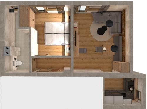 邁爾霍芬的住宿－Montana Apartments，开放式的小型客房,设有木墙