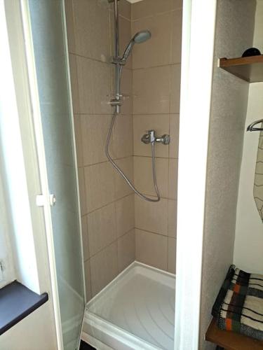 La salle de bains est pourvue d'une douche. dans l'établissement Studette Place Jamot, à Reims