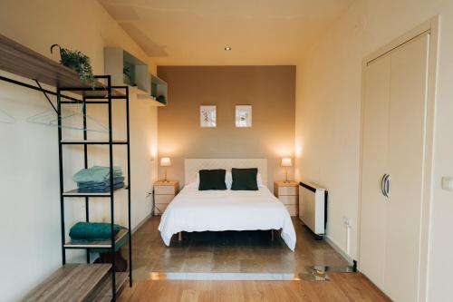 sypialnia z łóżkiem i półką na książki w obiekcie Apartamentos Stetic w mieście Morella