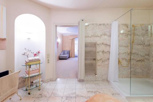 bagno con cabina doccia e porta in vetro di Apartment Sonnenfelsgasse a Vienna