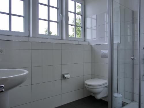 ein weißes Bad mit einem WC und einem Waschbecken in der Unterkunft Ferienhaus FH T 1d in Graal-Müritz