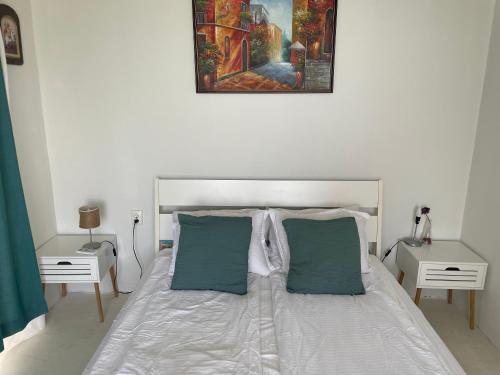 a white bed with two pillows and a picture on the wall at Krum's Little Secret Villa in Vourvourou