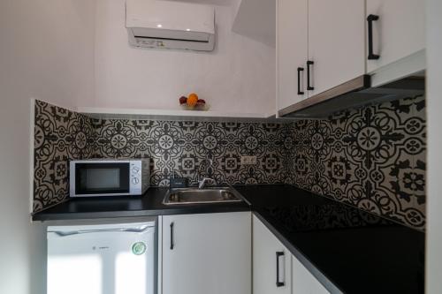 a kitchen with a sink and a microwave at Abeloessa Methonian Hospitality in Methoni