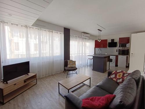 un salon avec un canapé et une télévision et une cuisine dans l'établissement Le Fontenoy T2 Tarbes centre ville Brauhauban, à Tarbes