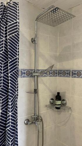 une douche avec une porte vitrée dans une salle de bain dans l'établissement Beautiful One Bedroom Cottage Near Jonzac, à Meux