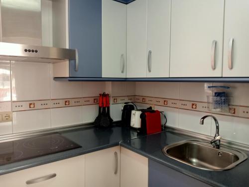 eine Küche mit weißen Schränken und einer Spüle in der Unterkunft Primera Linea De Playa in Roquetas de Mar