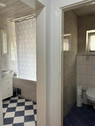 La salle de bains est pourvue de toilettes, d'un lavabo et d'une fenêtre. dans l'établissement Wohnung See- und Bergnähe, à Gmunden