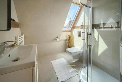 a bathroom with a shower and a sink and a toilet at Pensjonat Litworówka Wellness&SPA in Poronin