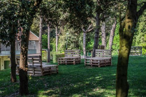 a group of wooden benches sitting in the grass at Le Dune Verdi in Lido di Jesolo