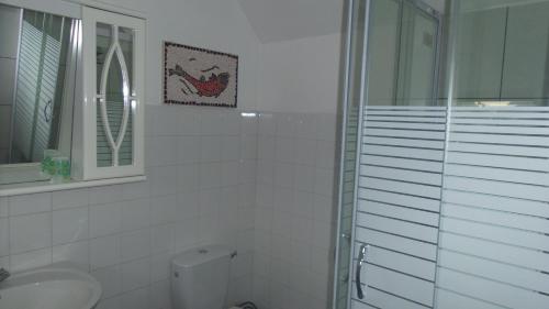 La salle de bains est pourvue de toilettes, d'un lavabo et d'un miroir. dans l'établissement Gite Les Oiseaux, au Tréport