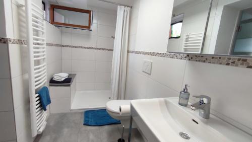 Baño blanco con lavabo y aseo en Ferienwohnung Trifts | Einzelbetten | Parkplatz, en Wangen im Allgäu