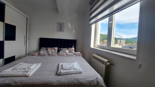 ein Schlafzimmer mit einem Bett mit einem großen Fenster in der Unterkunft Apartman Ady in Novi Pazar