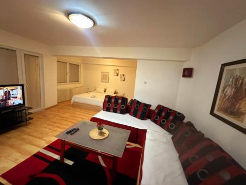 a living room with a bed and a television at Aleks 4 in Skopje