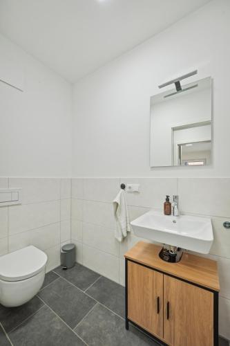a white bathroom with a sink and a toilet at Salí Homes R4 - High-Quality Apartment with Terrace in Bayreuth