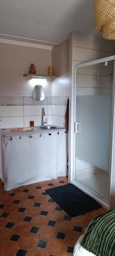 - une cuisine avec un évier et une porte en verre dans l'établissement La campagne à la ville, à Sablé-sur-Sarthe