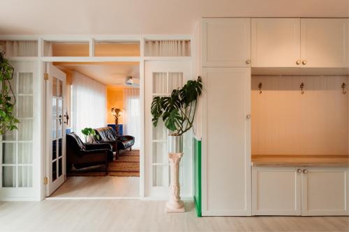 a kitchen with white cabinets and a plant in a vase at Sunny Beach Box in Sunderland Bay