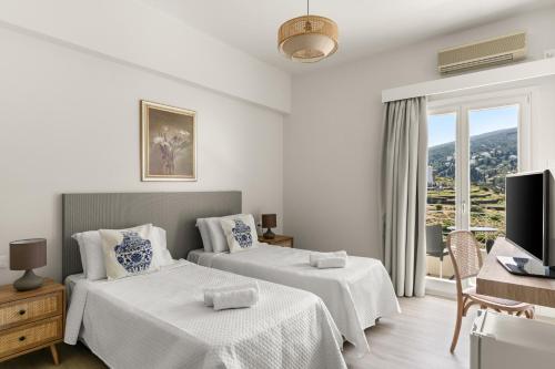 Habitación de hotel con 2 camas y TV en Paradise Art Hotel, en Ándros