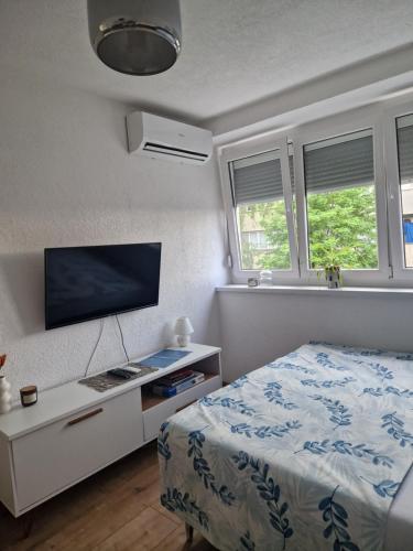 une chambre avec un lit et une télévision à écran plat dans l'établissement Blue Apartment, à Bihać