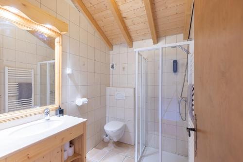 a bathroom with a shower and a toilet and a sink at Savoy Morzine in Morzine