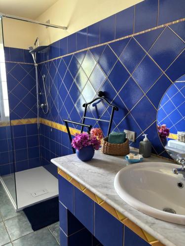 y baño de azulejos azules con lavabo y ducha. en Casa Violetta, en Lotzorai