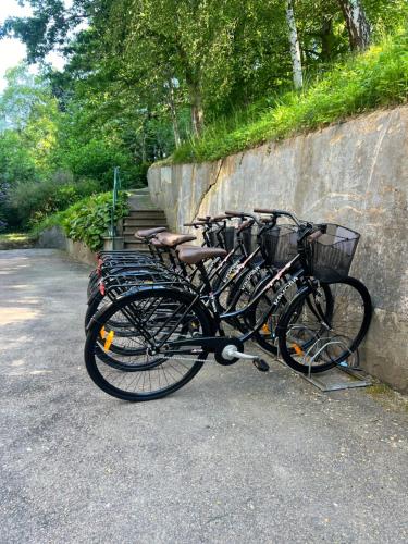 a row of bikes parked next to a wall at Ewa & Maude Hotel in Gothenburg