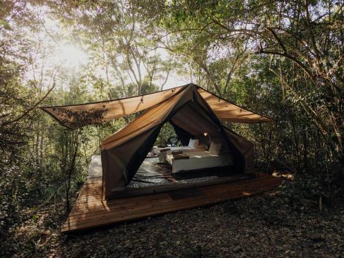 a tent on a wooden platform in the woods at Firefly Falls in Plettenberg Bay