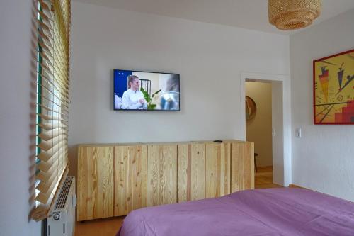1 dormitorio con TV en una pared blanca en FEWO mit Sauna & Gartenblick en Neustadt in Sachsen