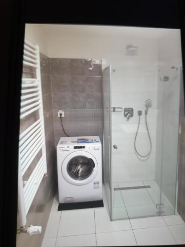 a washing machine in a bathroom with a shower at Mega Lux Apartament z Basenem & Spa z Parkingiem in Sianozety