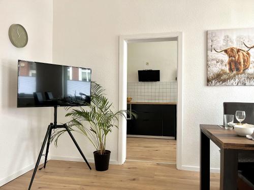 a living room with a television on a tripod and a plant at ENDLESS: Studio mit Netflix + Workstation im Zentrum in Schwerin
