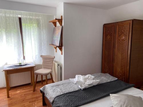 een slaapkamer met een bed, een bureau en een stoel bij Pensiunea Bianca in Bran