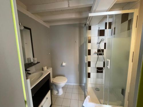 La salle de bains est pourvue de toilettes et d'une douche en verre. dans l'établissement Duplex 1er étage résidence "L'anglais" centre Bayeux grande terrasse et jardin aménagé commun proche du plages du débarquement- parking gratuit à proximité, à Bayeux