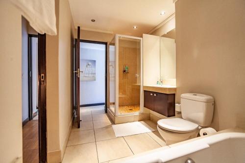 ein Badezimmer mit Toilette, Waschbecken und Dusche in der Unterkunft Modern 1 Bedroom Apartment No Loadshedding in Kapstadt