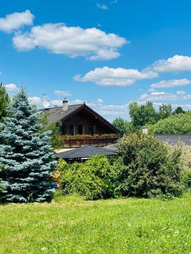 a house with a porch and a tree in a field at Dolpo 5 in Benešov