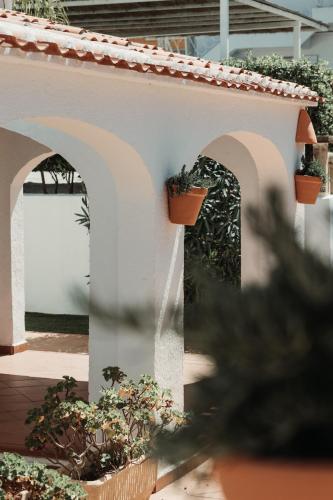 a white wall with potted plants on it at Los Bungalows Del Arenal in Jávea
