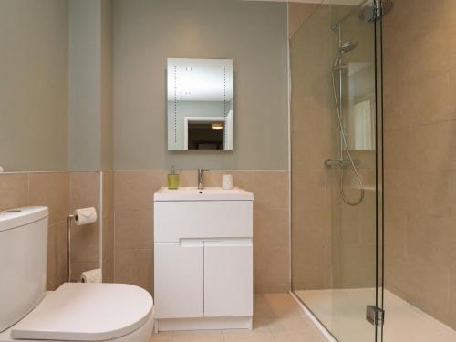 a bathroom with a toilet and a sink and a shower at Five Bells Cottage in Alnmouth