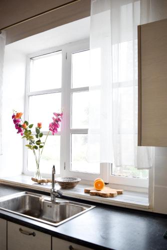 a kitchen counter with a sink and two windows at Ixia Manor House in Ixia