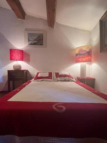 a bedroom with a bed with a red blanket and two lamps at La maison de Madeleine in Castellane