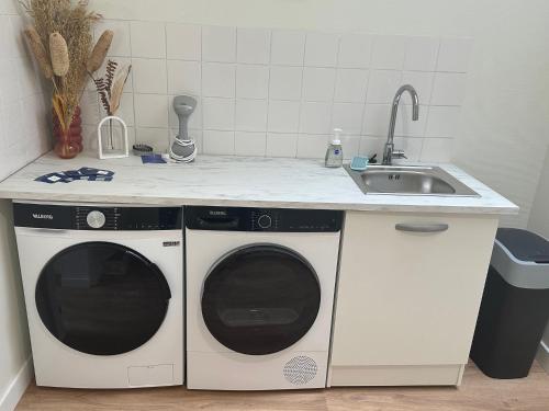 - une cuisine avec 2 lave-linge et un évier dans l'établissement Le Joli-Mans - Gare - BCLA, au Mans