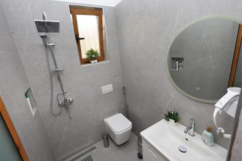 a bathroom with a shower and a toilet and a sink at Berat Central Apartment in Berat