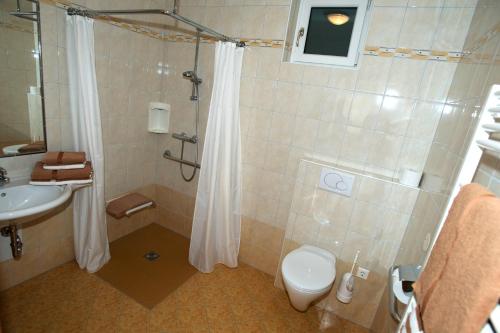 a bathroom with a shower and a toilet and a sink at Urbarialhof in Illmitz