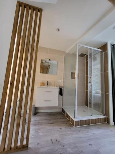 une salle de bain avec une douche en verre et un lavabo dans l'établissement Paisible maison de village avec terrasse, à Fleury