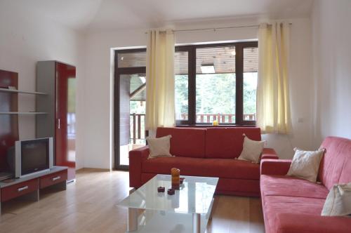 a living room with a red couch and a tv at Persey Flora Apartments in Borovets