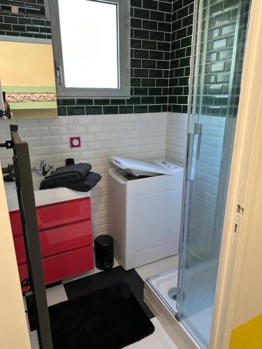 La petite salle de bains est pourvue d'un lavabo et d'un lave-linge. dans l'établissement Studio Sixties, à Saint-Georges-de-Didonne