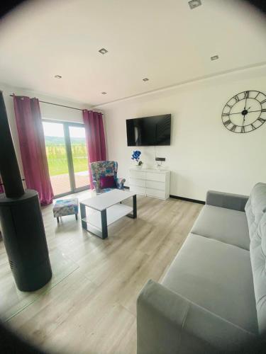 a living room with a couch and a clock on the wall at Noclegi Beskidzkie Stodoły in Odrzechowa
