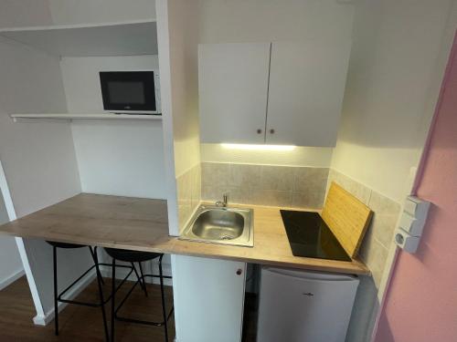 une petite cuisine avec un évier et un micro-ondes dans l'établissement Roza, Studio proche centre ville, à Caen