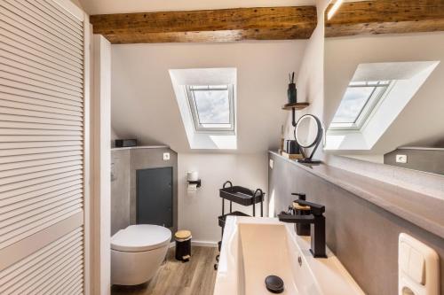 a bathroom with a toilet and a sink and skylights at Eichendorff Loft in Nordhausen
